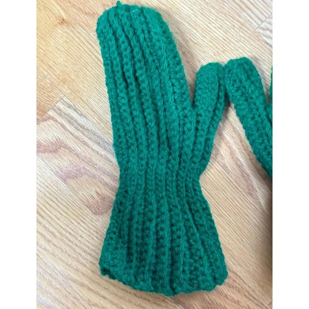 Vintage Green Mittens, Dark Green Knit Crochet Mitts, 60s 70s, Grandma Style